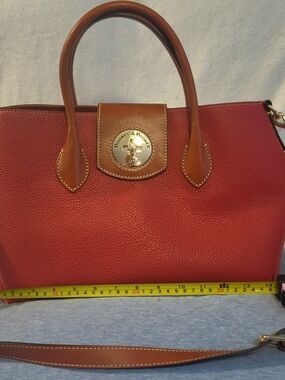 Dooney & Bourke Red Pebbled Leather Satchel with Tan Trim